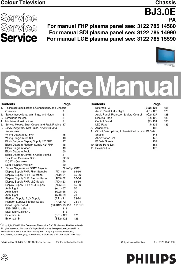 Philips 50pf9631d bj3.0epa service manual cover with photo of the television, TV type, chassis code, model code, creation date and document number