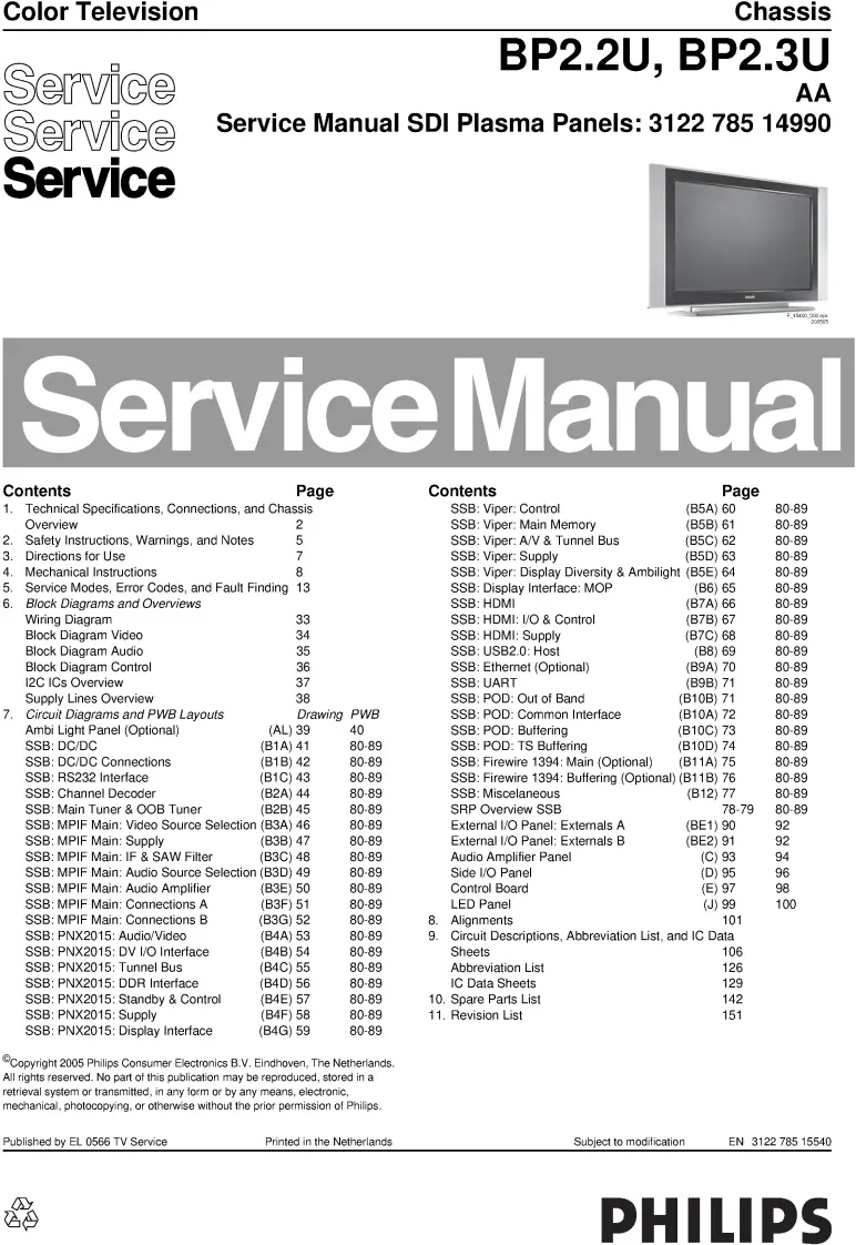 Philips 50pf9830a service manual cover with photo of the television, TV type, chassis code, model code, creation date and document number