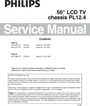 Philips 50pfl3707 service manual cover with photo of the television, TV type, chassis code, model code, creation date and document number