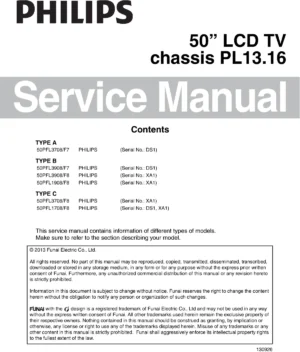 Philips 50pfl3708 pl13.16 service manual cover with photo of the television, TV type, chassis code, model code, creation date and document number