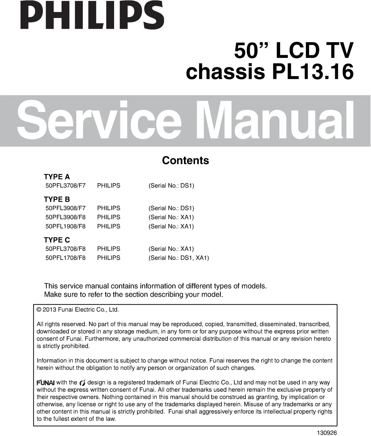 Philips 50pfl3708 pl13.16 service manual cover with photo of the television, TV type, chassis code, model code, creation date and document number