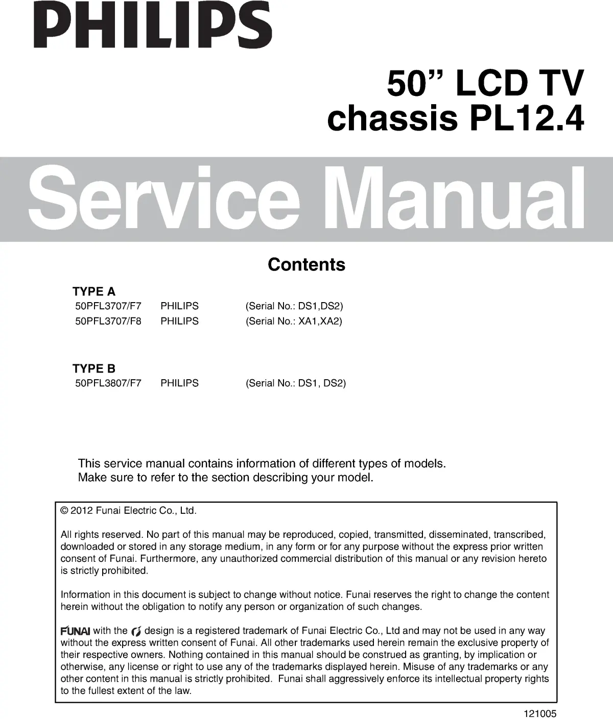 Philips 50pfl3807 50pfl3707 service manual cover with photo of the television, TV type, chassis code, model code, creation date and document number