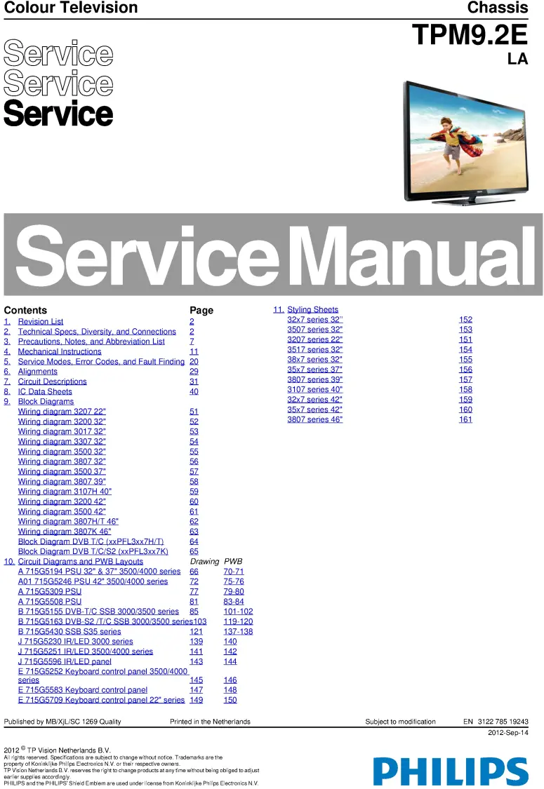 Philips 50pfl3807h service manual cover with photo of the television, TV type, chassis code, model code, creation date and document number