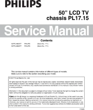 Philips 50pfl4662 50pfl4962 service manual cover with photo of the television, TV type, chassis code, model code, creation date and document number