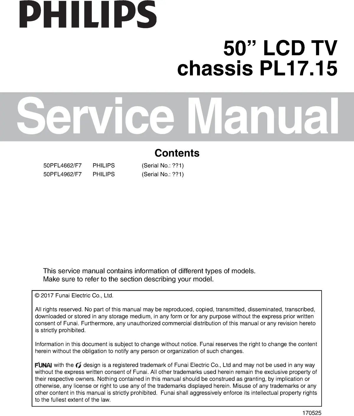Philips 50pfl4662 50pfl4962 service manual cover with photo of the television, TV type, chassis code, model code, creation date and document number