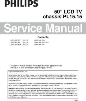 Philips 50pfl4901 service manual cover with photo of the television, TV type, chassis code, model code, creation date and document number