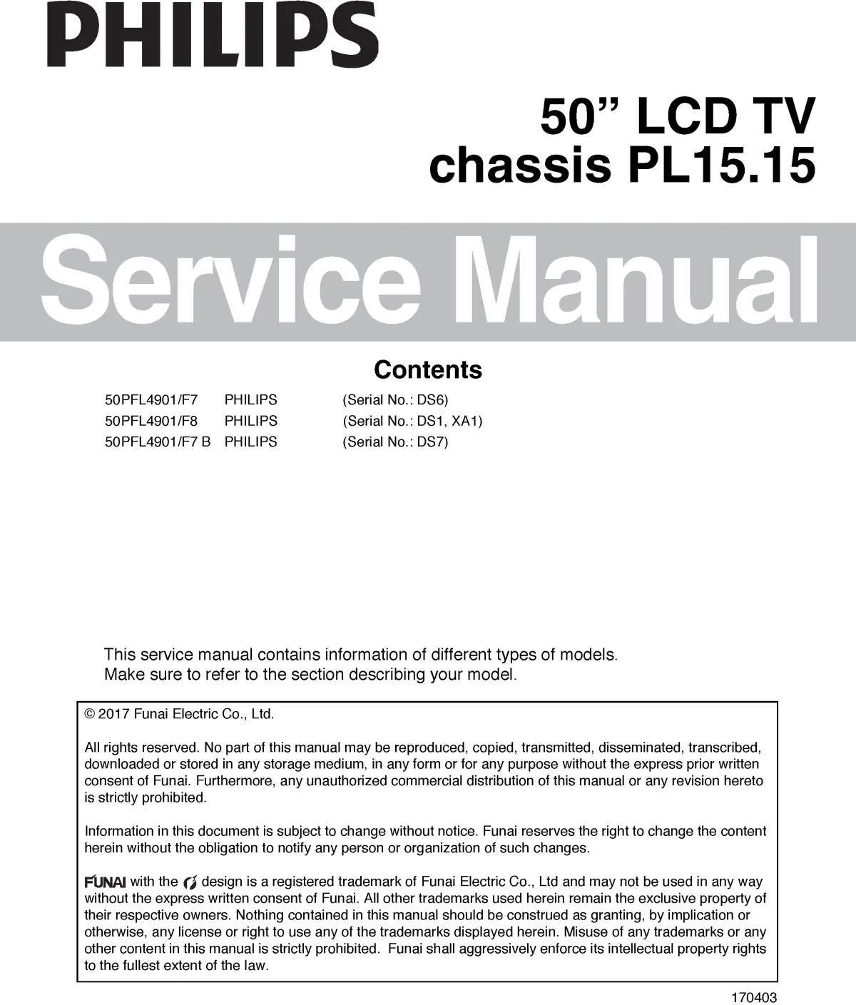 Philips 50pfl4901 service manual cover with photo of the television, TV type, chassis code, model code, creation date and document number