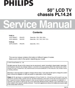 Philips 50pfl4909 service manual cover with photo of the television, TV type, chassis code, model code, creation date and document number