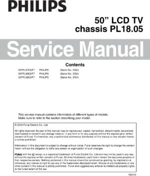 Philips 50pfl5603 50pfl5703 50pfl5903 service manual cover with photo of the television, TV type, chassis code, model code, creation date and document number