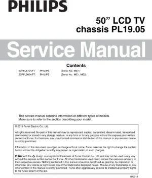 Philips 50pfl5704 50pfl5604 service manual cover with photo of the television, TV type, chassis code, model code, creation date and document number