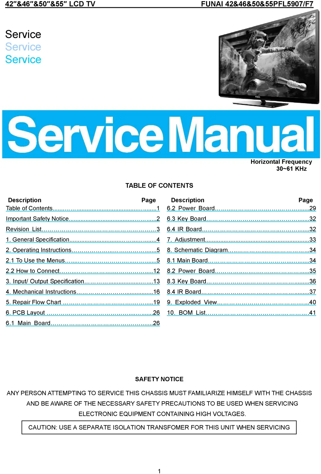 Philips 50pfl5907 service manual cover with photo of the television, TV type, chassis code, model code, creation date and document number