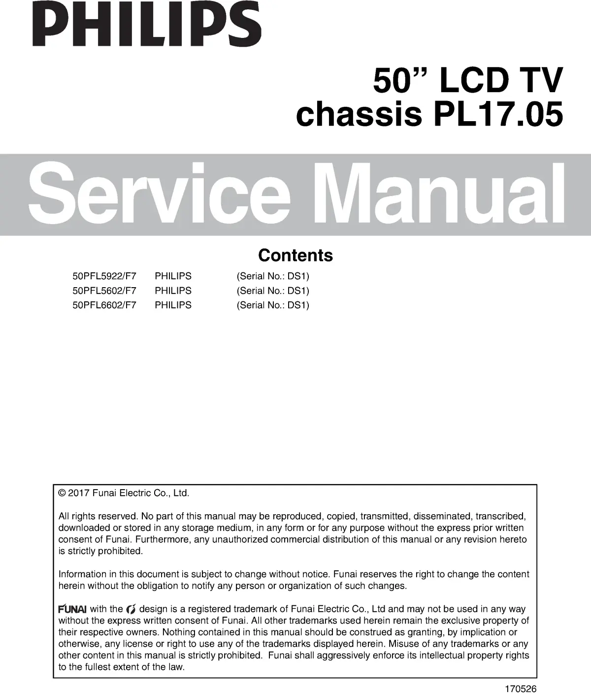 Philips 50pfl6602 50pfl6602 50pfl5922 pl17.05 service manual cover with photo of the television, TV type, chassis code, model code, creation date and document number