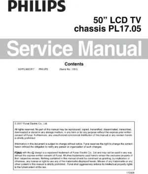 Philips 50pfl6902 service manual cover with photo of the television, TV type, chassis code, model code, creation date and document number