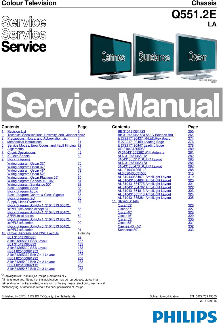 Philips 50pfl7956h service manual cover with photo of the television, TV type, chassis code, model code, creation date and document number