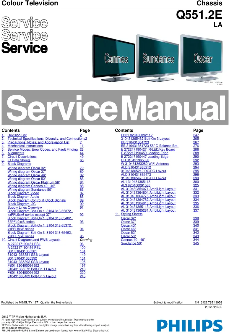 Philips 50pfl7956t service manual cover with photo of the television, TV type, chassis code, model code, creation date and document number