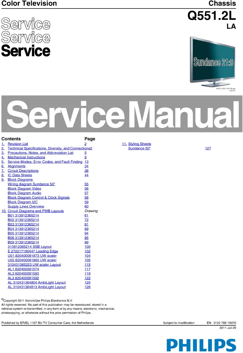 Philips 50pfl8956d service manual cover with photo of the television, TV type, chassis code, model code, creation date and document number