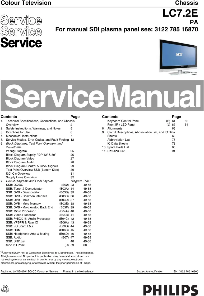 Philips 50pfp5532d service manual cover with photo of the television, TV type, chassis code, model code, creation date and document number