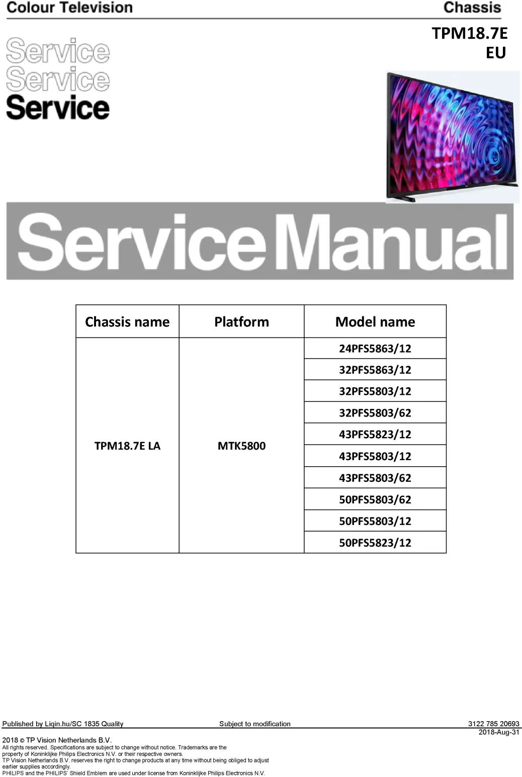 Philips 50pfs5803 50pfs5823 43pfs5803 43pfs5823 service manual cover with photo of the television, TV type, chassis code, model code, creation date and document number