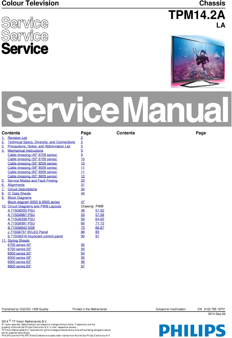 Philips 50pft6709 50pft6709s 50put8509 50put8509s service manual cover with photo of the television, TV type, chassis code, model code, creation date and document number