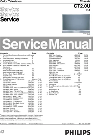 Philips 50pl9200d service manual cover with photo of the television, TV type, chassis code, model code, creation date and document number