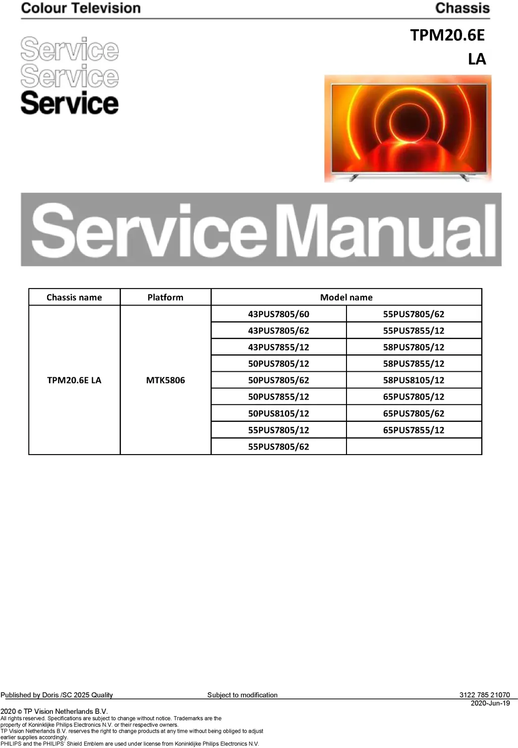 Philips 50pus7805 50pus7855 50pus8105 service manual cover with photo of the television, TV type, chassis code, model code, creation date and document number
