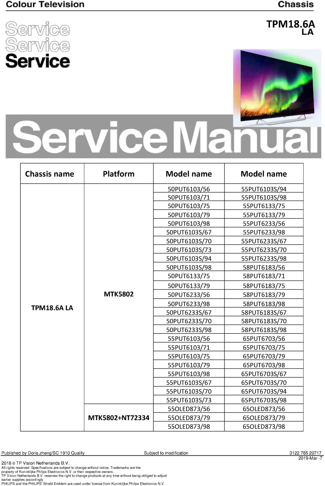 Philips 50put6133 50put6233 50put6233s service manual cover with photo of the television, TV type, chassis code, model code, creation date and document number