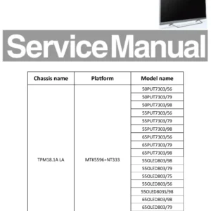 Philips 50put7303 tpm18.1ala service manual cover with photo of the television, TV type, chassis code, model code, creation date and document number