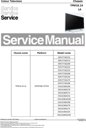 Philips 50put7303 tpm18.1ala service manual cover with photo of the television, TV type, chassis code, model code, creation date and document number