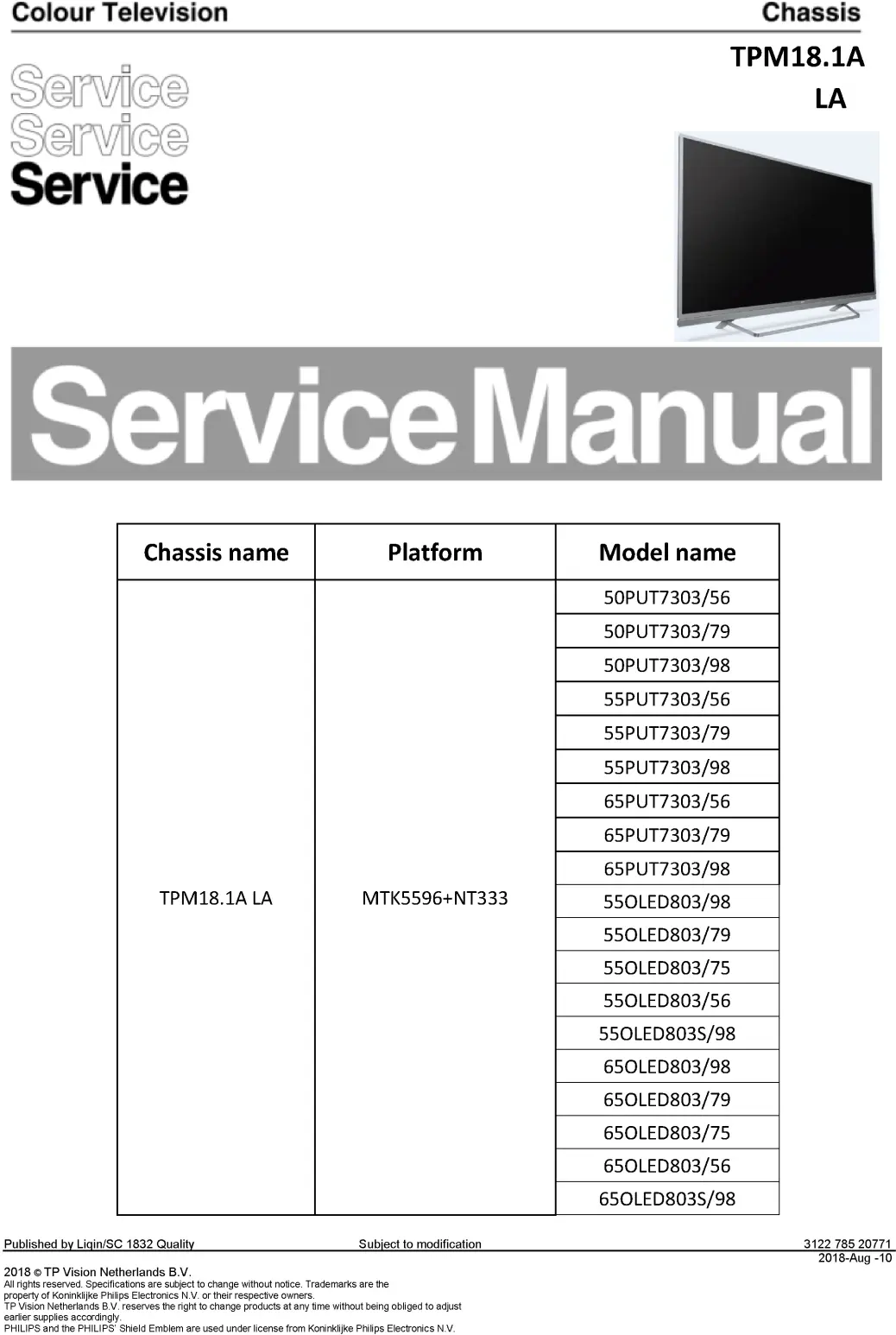 Philips 50put7303 tpm18.1ala service manual cover with photo of the television, TV type, chassis code, model code, creation date and document number