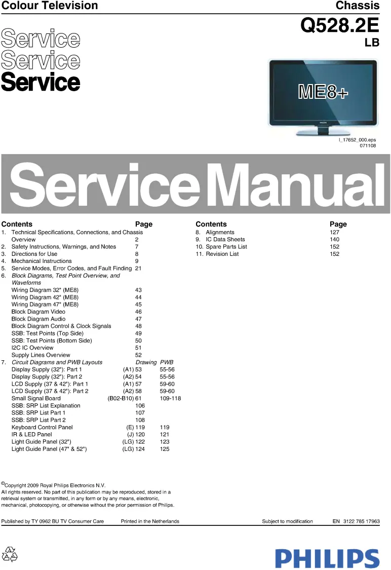 Philips 52pfl7203h service manual cover with photo of the television, TV type, chassis code, model code, creation date and document number