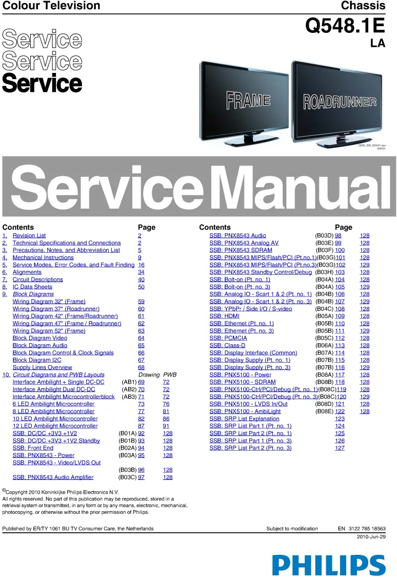 Philips 52pfl7404h service manual cover with photo of the television, TV type, chassis code, model code, creation date and document number
