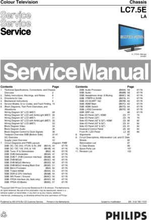 Philips 52pfl7762d service manual cover with photo of the television, TV type, chassis code, model code, creation date and document number