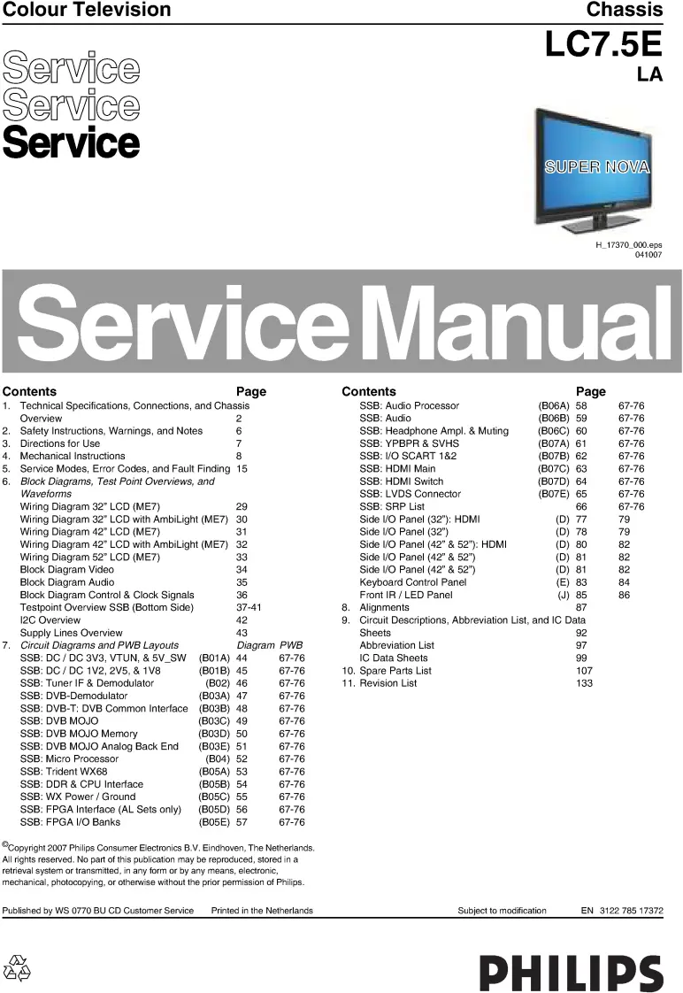 Philips 52pfl7762d service manual cover with photo of the television, TV type, chassis code, model code, creation date and document number