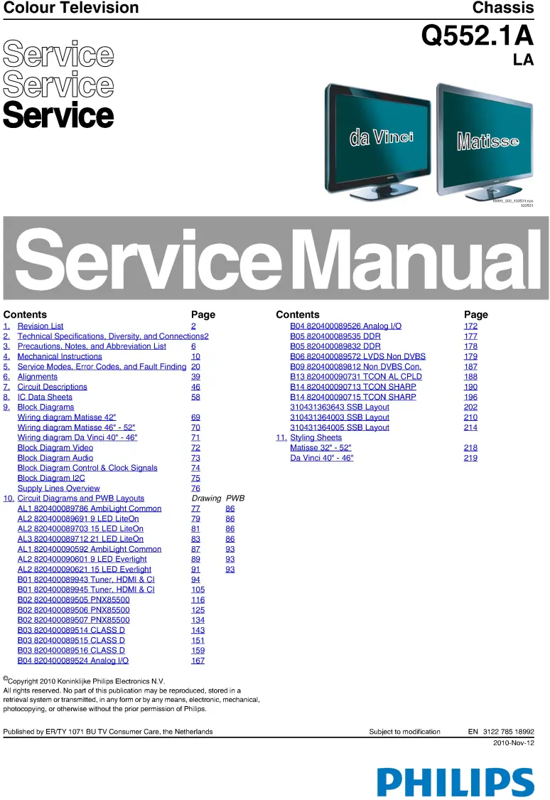 Philips 52pfl8605 service manual cover with photo of the television, TV type, chassis code, model code, creation date and document number