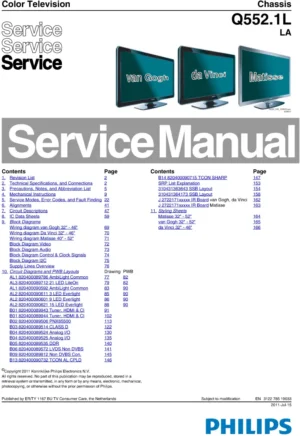 Philips 52pfl8605d service manual cover with photo of the television, TV type, chassis code, model code, creation date and document number