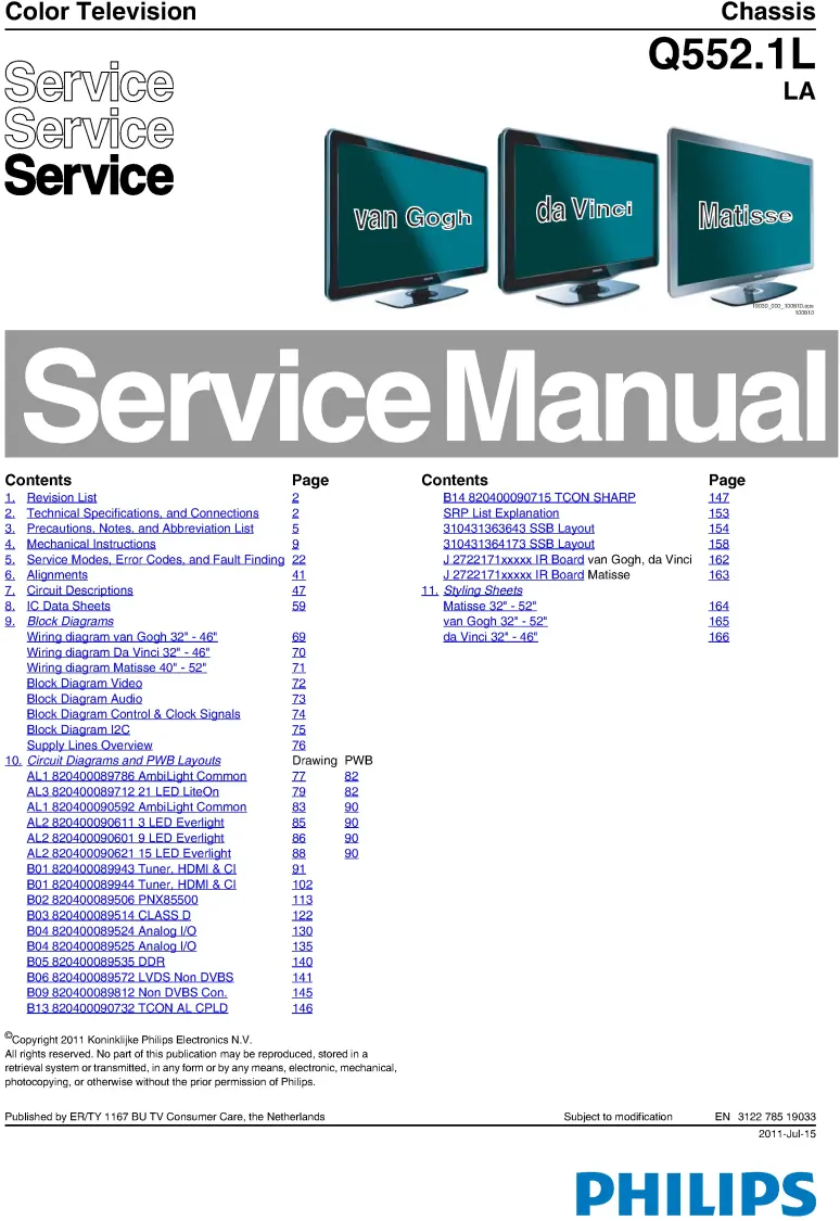 Philips 52pfl8605d service manual cover with photo of the television, TV type, chassis code, model code, creation date and document number
