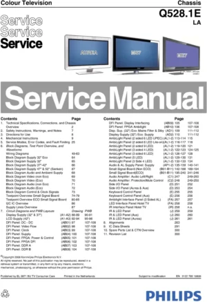 Philips 52pfl9632d service manual cover with photo of the television, TV type, chassis code, model code, creation date and document number