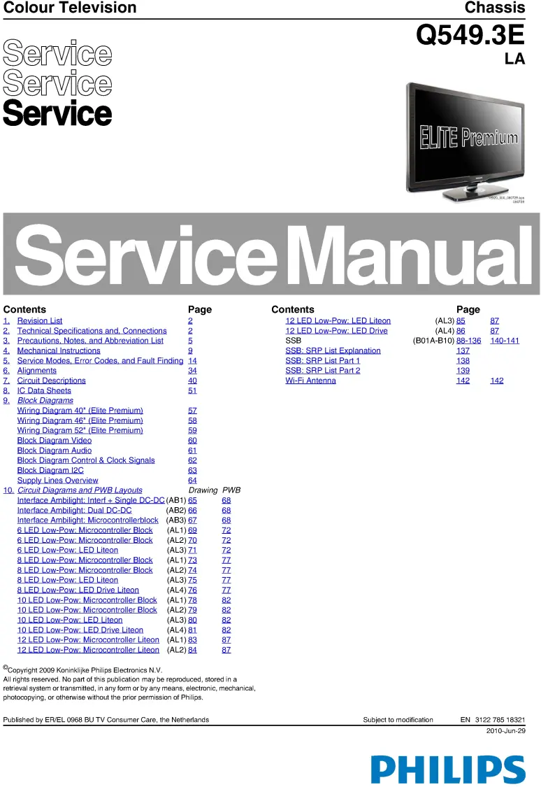 Philips 52pfl9704h service manual cover with photo of the television, TV type, chassis code, model code, creation date and document number