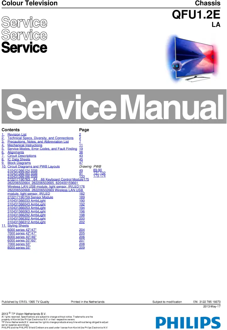 Philips 55pdl8908s service manual cover with photo of the television, TV type, chassis code, model code, creation date and document number