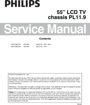 Philips 55pfl3907 service manual cover with photo of the television, TV type, chassis code, model code, creation date and document number