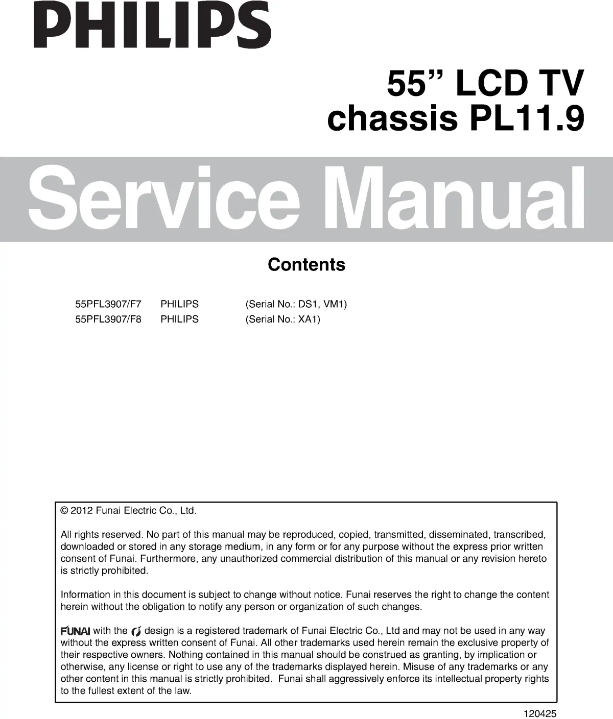 Philips 55pfl3907 service manual cover with photo of the television, TV type, chassis code, model code, creation date and document number