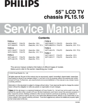 Philips 55pfl4901 55pfl5901 service manual cover with photo of the television, TV type, chassis code, model code, creation date and document number