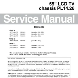 Philips 55pfl4909 55pfl4609 service manual cover with photo of the television, TV type, chassis code, model code, creation date and document number