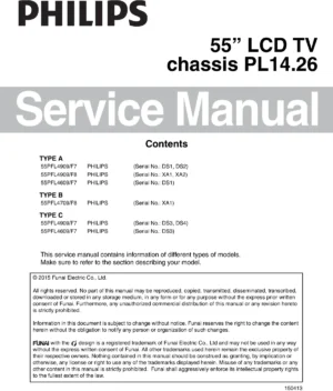 Philips 55pfl4909 55pfl4609 service manual cover with photo of the television, TV type, chassis code, model code, creation date and document number