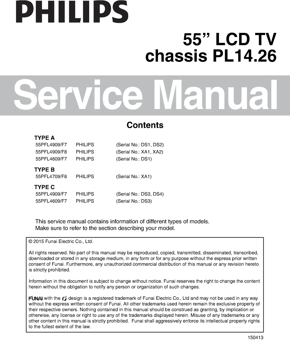Philips 55pfl4909 55pfl4609 service manual cover with photo of the television, TV type, chassis code, model code, creation date and document number