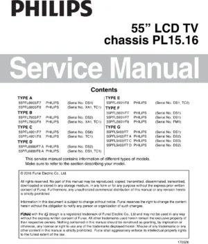 Philips 55pfl5402 service manual cover with photo of the television, TV type, chassis code, model code, creation date and document number