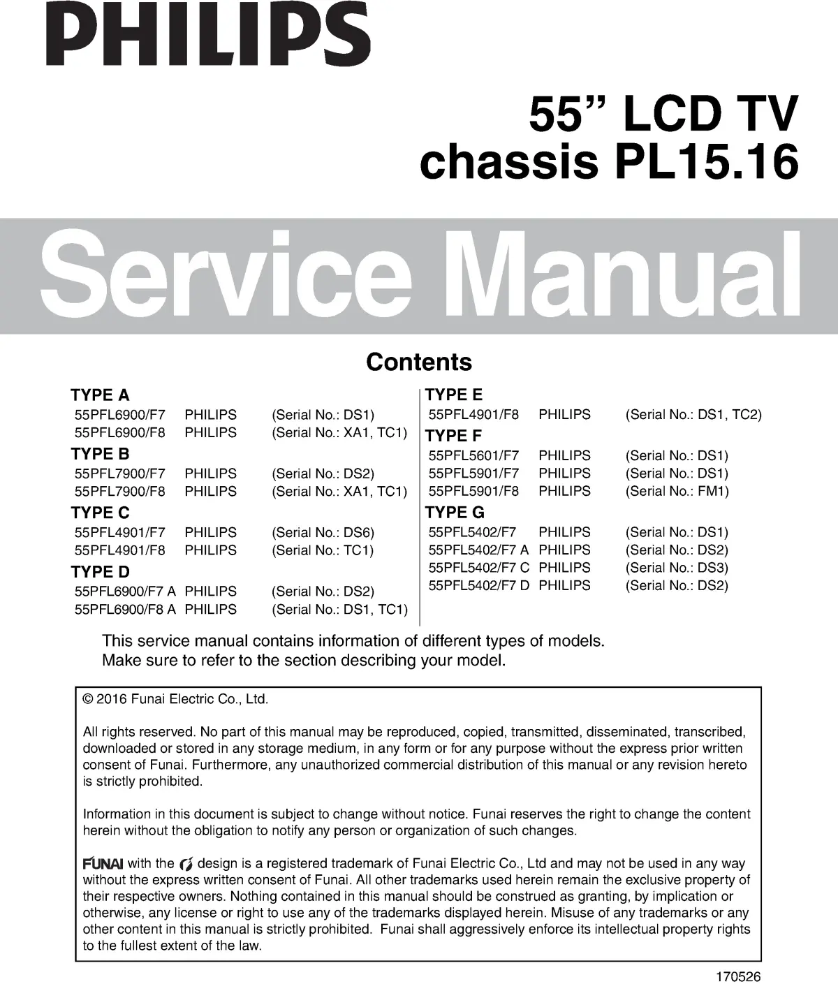 Philips 55pfl5402 service manual cover with photo of the television, TV type, chassis code, model code, creation date and document number
