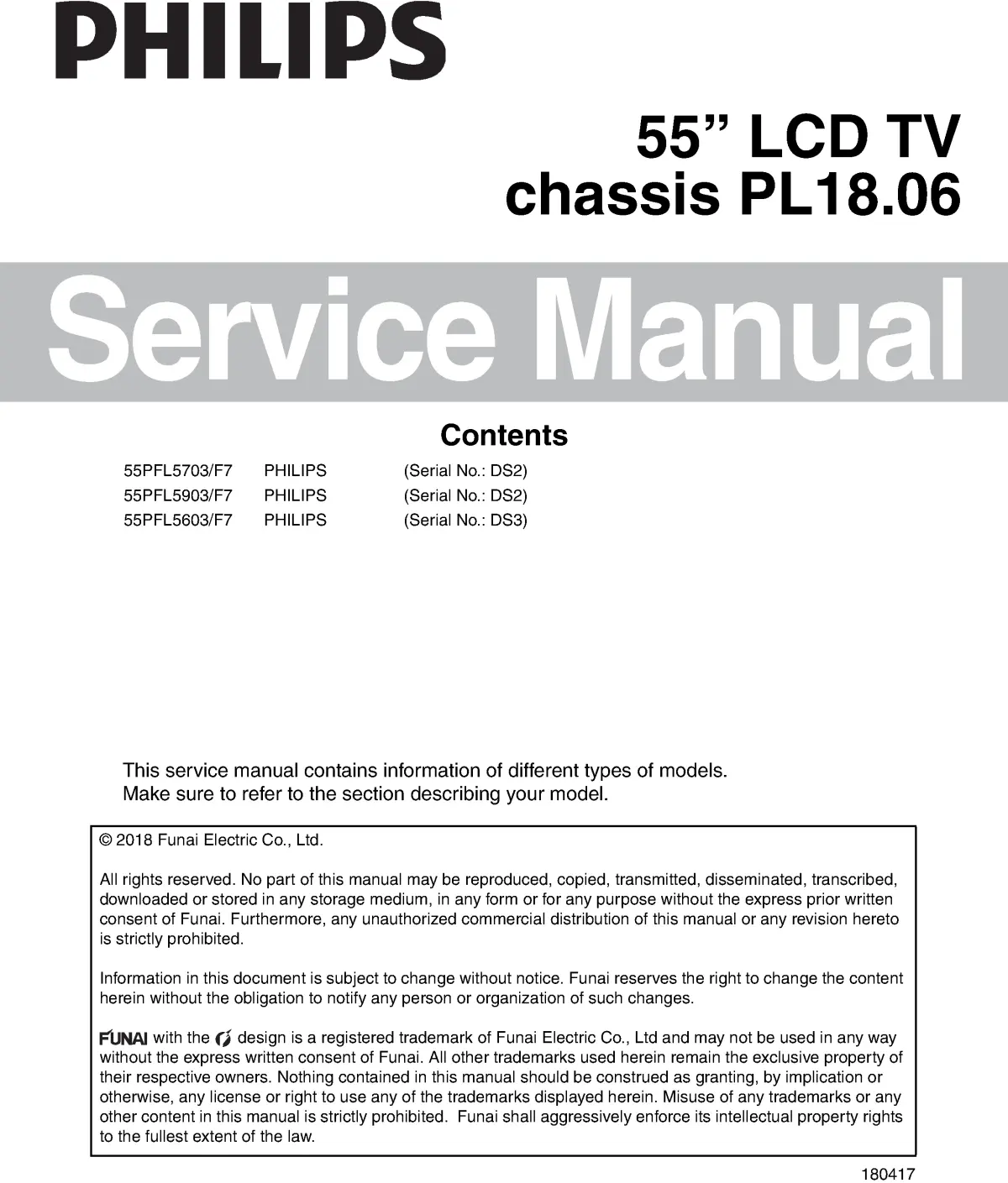 Philips 55pfl5703 55pfl5603 55pfl5903 service manual cover with photo of the television, TV type, chassis code, model code, creation date and document number