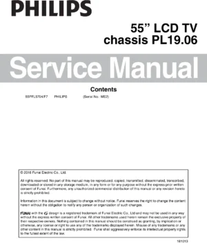 Philips 55pfl5704 pl19.06 service manual cover with photo of the television, TV type, chassis code, model code, creation date and document number