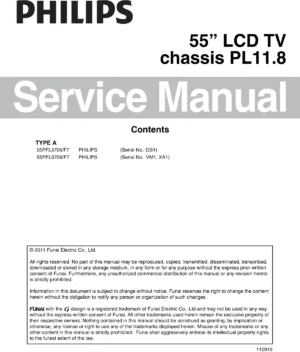 Philips 55pfl5706 service manual cover with photo of the television, TV type, chassis code, model code, creation date and document number